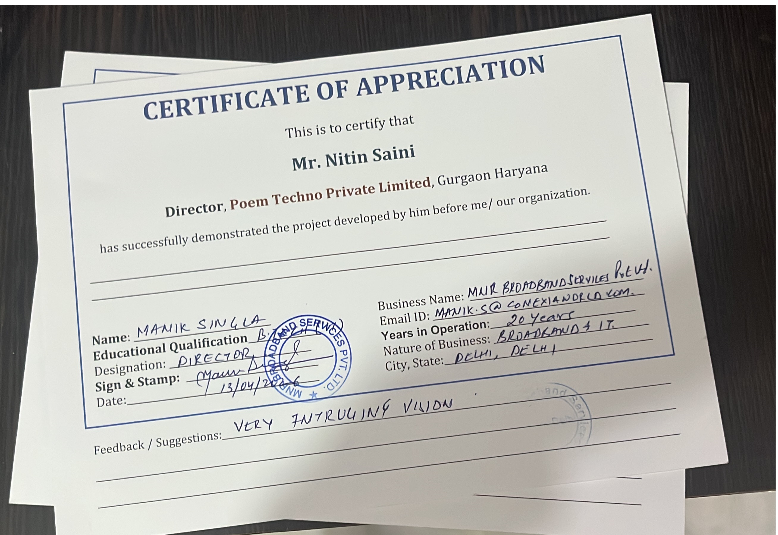 Certificate of Appreciation — Mr. Nitin Saini, Director, Poem Techno Private Limited — awarded by MNR Broadband Services Pvt. Ltd. for the Contol-X automation project. Feedback: Very intriguing vision.