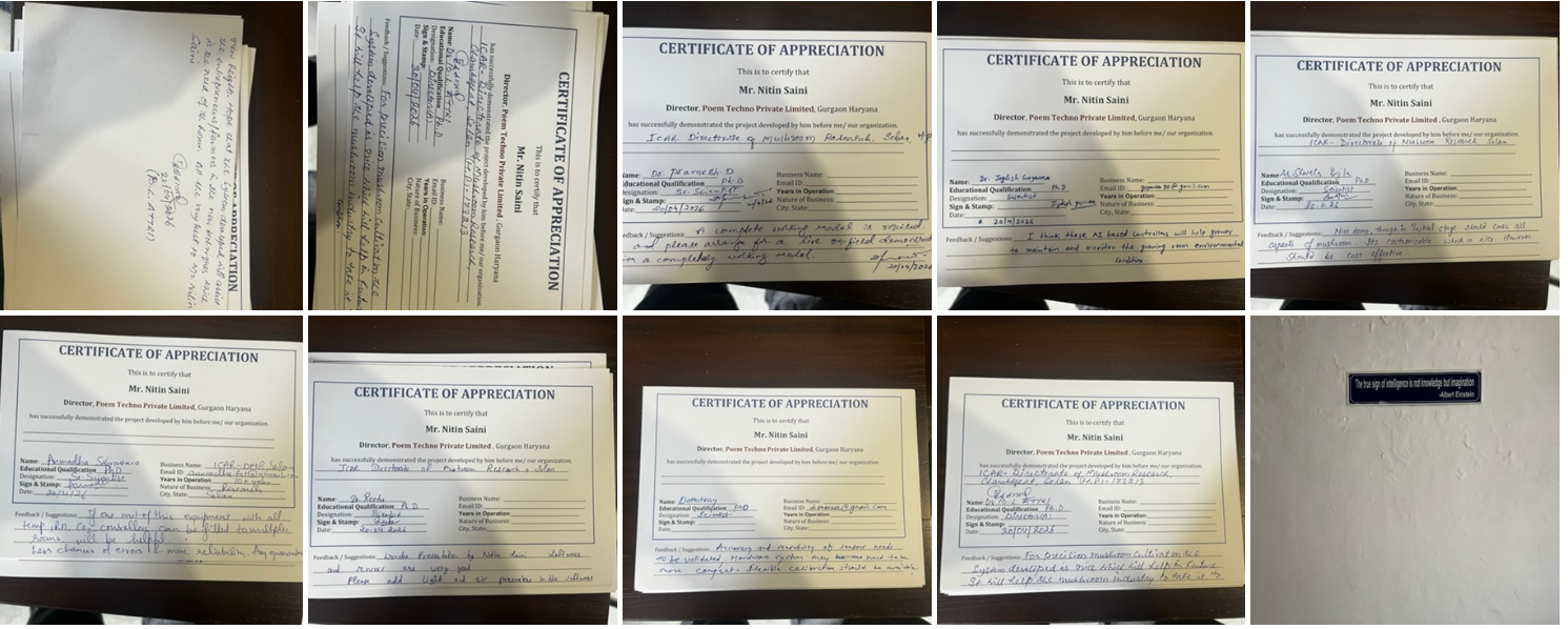 Multiple Certificates of Appreciation received by Poem Techno Private Limited — awarded by mushroom scientists and agricultural researchers for the Contol-X smart farming automation project